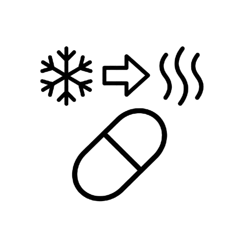 A line art icon showing a snowflake and heat waves above a pill capsule.