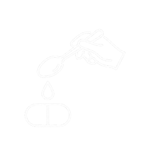 A white line icon of a hand dripping liquid from a spoon onto a pill below.