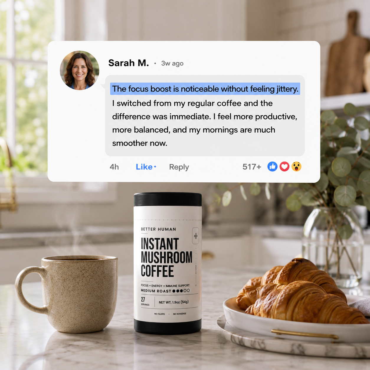 A canister of mushroom coffee next to a mug and croissants, with an overlaid positive customer review.