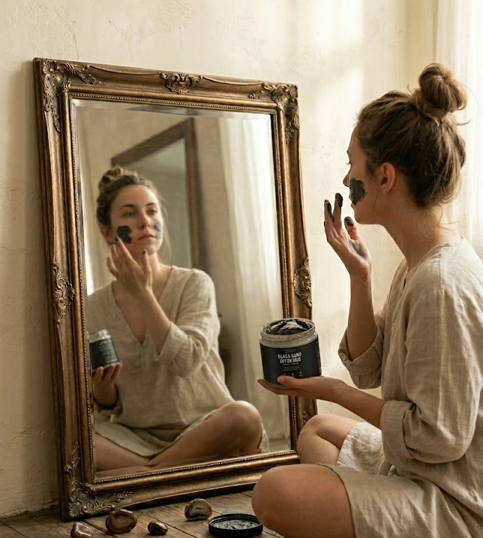 A woman with her hair in a bun applies a dark face mask while looking in an ornate mirror.