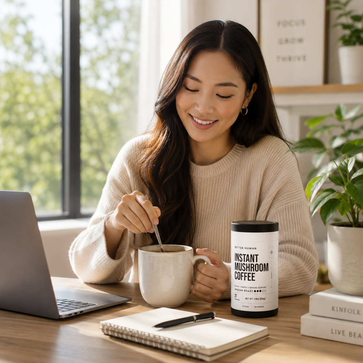 A smiling woman stirs a mug of coffee at a desk next to a laptop and mushroom coffee container.