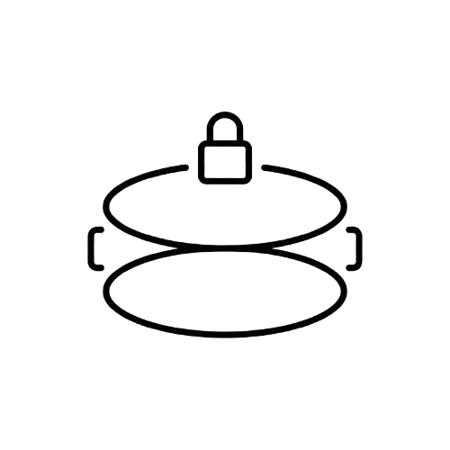A black and white line icon of a pot with a lid that has a padlock on it.
