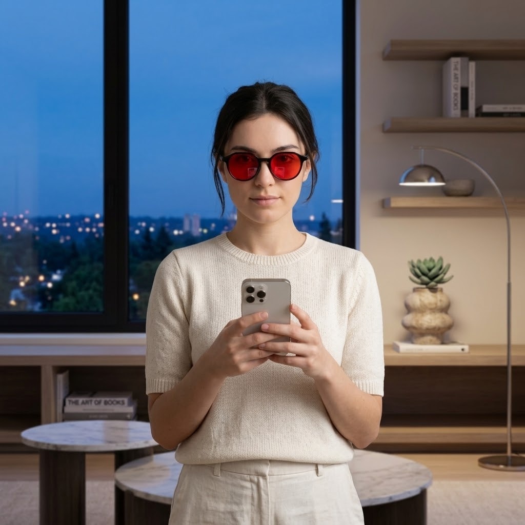 A woman wearing red-tinted glasses holds a smartphone while standing in a modern apartment at dusk.