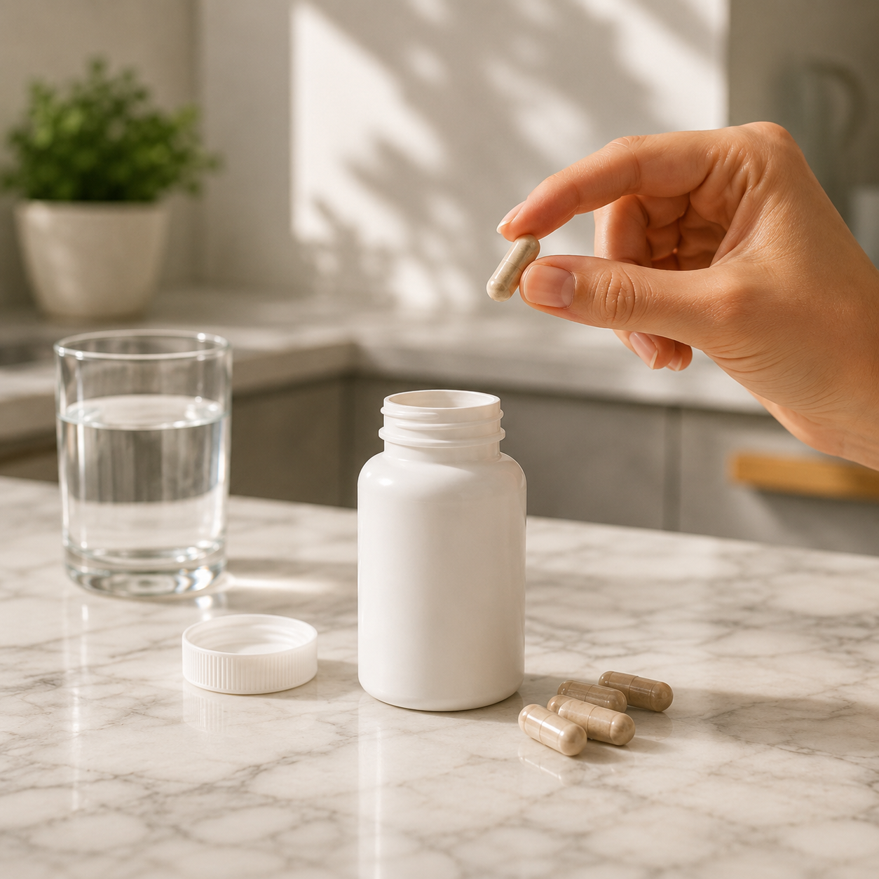 A hand holds a capsule over an open white bottle on a marble countertop next to a glass of water.