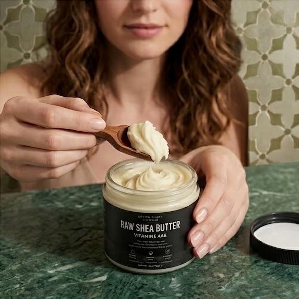 A woman scoops raw shea butter from a glass jar with a small wooden spoon.