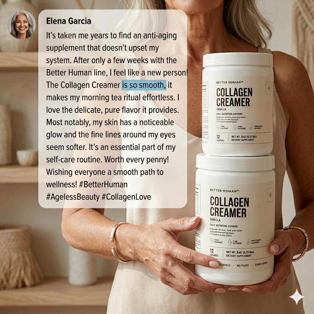 A testimonial for Better Human Collagen Creamer, with the product and a mug inside a luxury car.