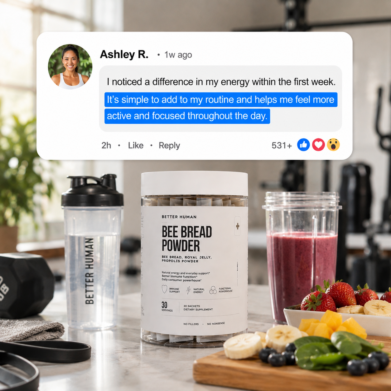 Better Human Bee Bread Powder with a smoothie, fresh fruit, and an overlaid positive customer review.