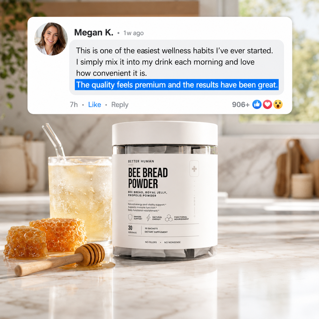 A jar of Bee Bread Powder on a counter with honeycomb, a drink, and a customer testimonial.