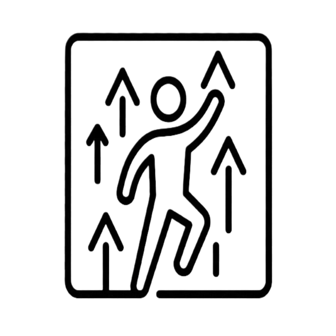 A black line icon of a stick figure moving upwards, surrounded by arrows, inside a rounded square.
