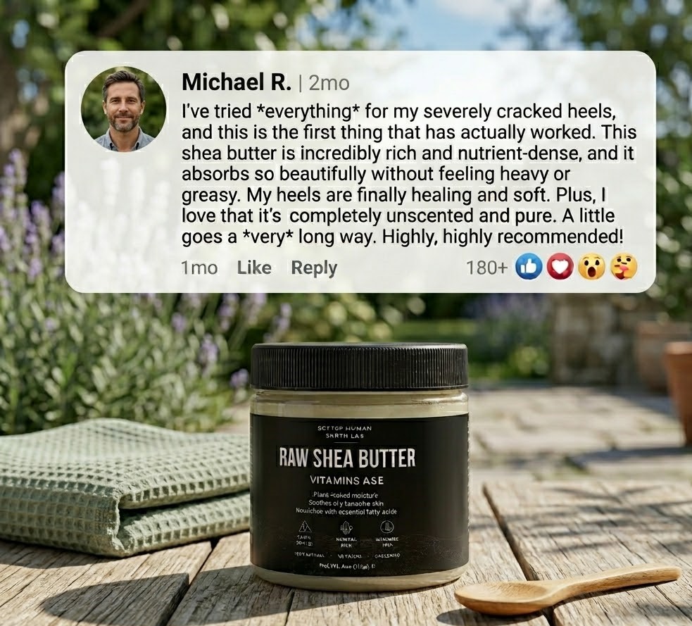 A jar of Raw Shea Butter on a wooden table with an overlaid positive customer review.