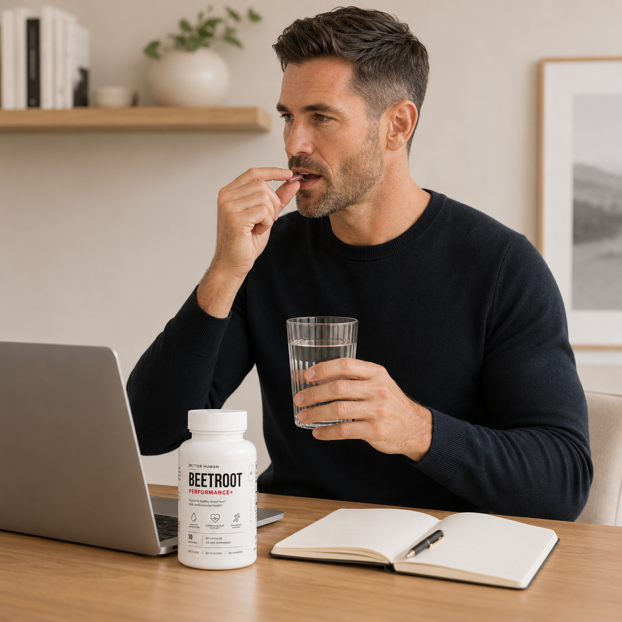 A bottle of Shilajit Adaptogen Complex supplements sits on a wooden bench with a gym bag and earbuds.