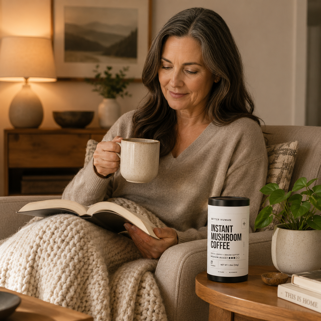 A woman reads a book while drinking from a mug, with a can of mushroom coffee beside her.