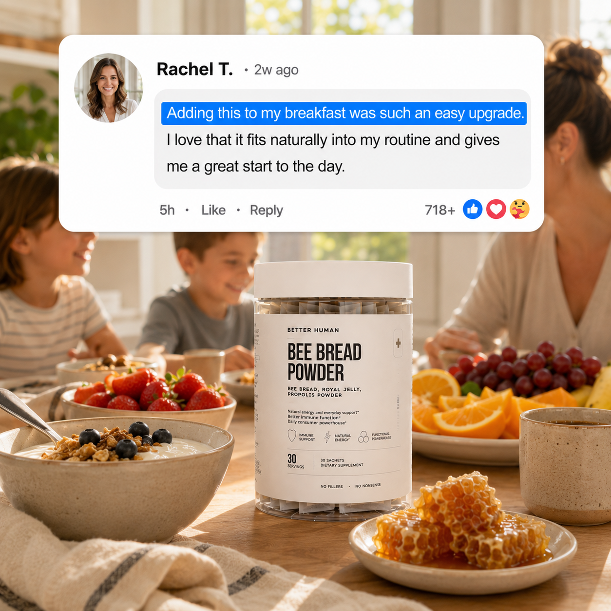 A jar of Bee Bread Powder on a breakfast table with a family and a positive review overlay.