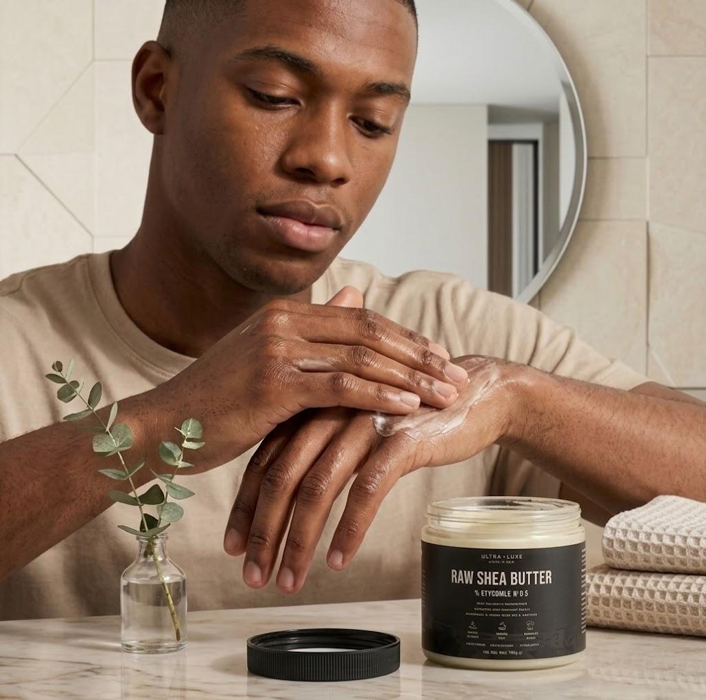 A man in a bathroom applies Raw Shea Butter from a jar to the back of his hand.