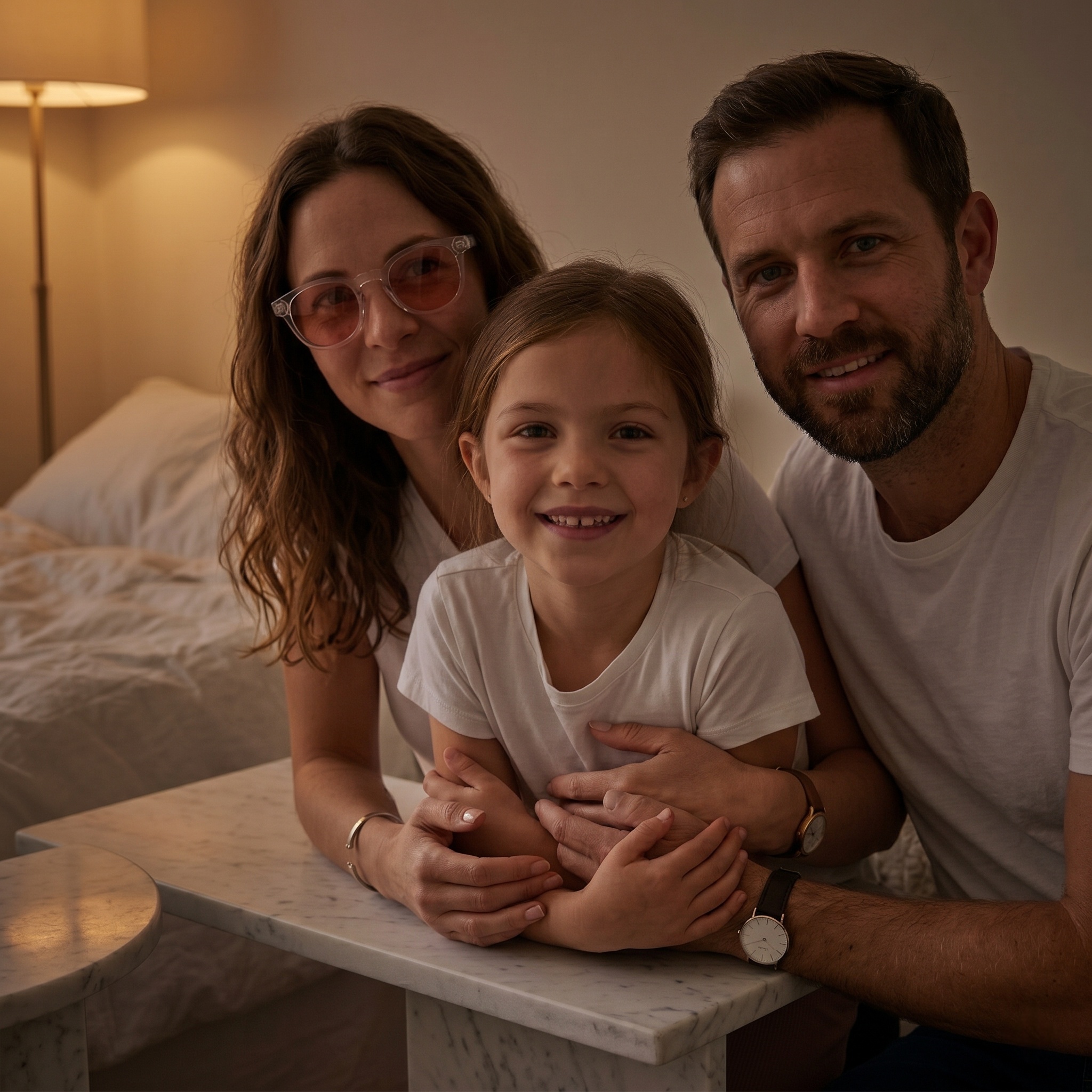 A family of three—mother, father, and daughter—in white t-shirts smiling together for an indoor portrait.