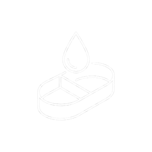 A white line icon of a droplet over a pill with three compartments.