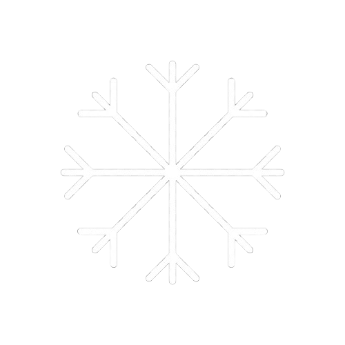 A simple white line drawing of a six-pointed snowflake on a white background.