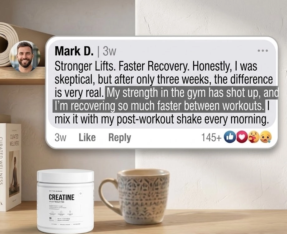 A jar of creatine supplement sits on a desk below a glowing customer testimonial from Mark D.