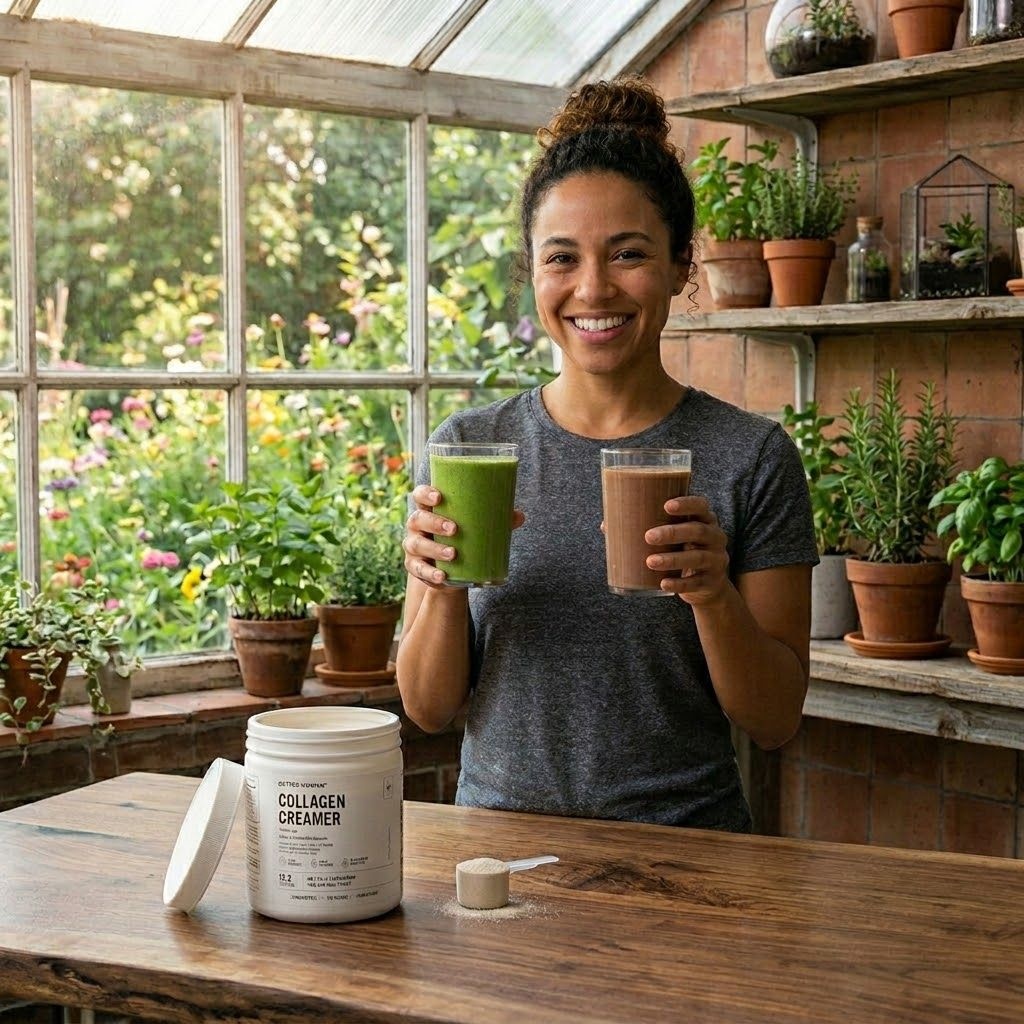 A smiling woman in a greenhouse holds two different smoothies with a container of collagen creamer on the table.