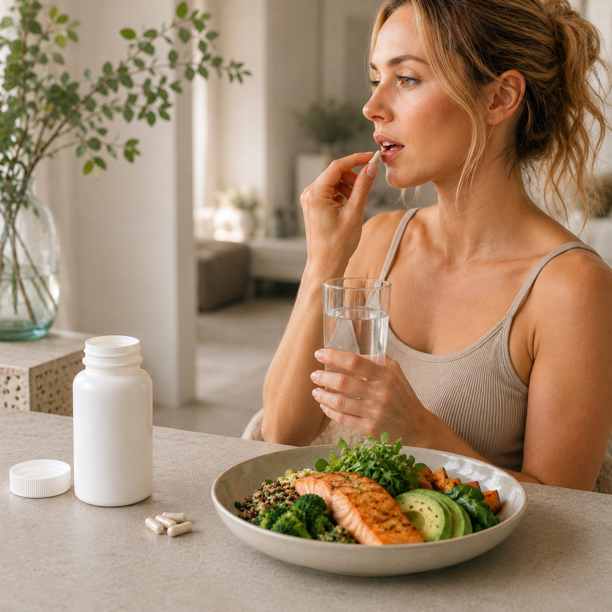 A woman takes a supplement pill with a glass of water next to a healthy meal.