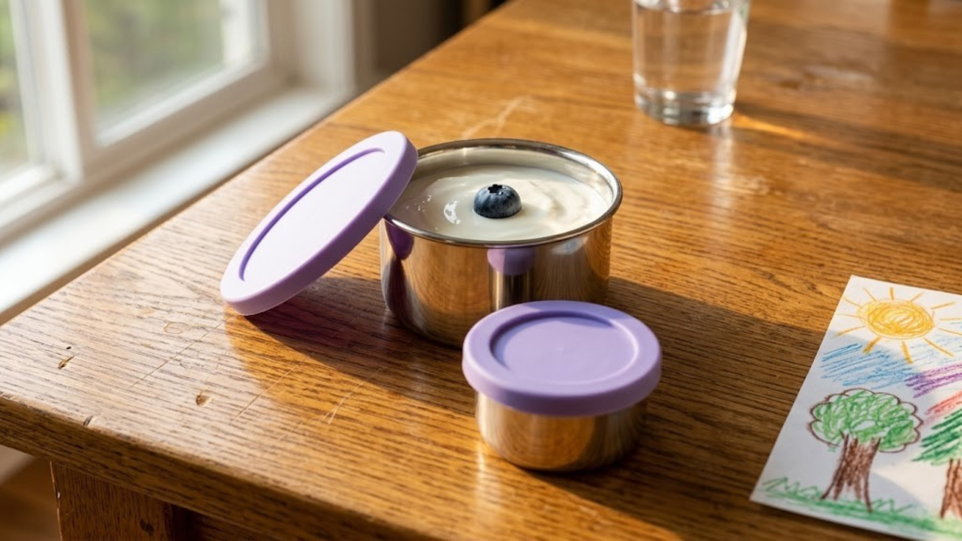 Two stainless steel containers with purple lids sit on a wooden table with yogurt and a drawing.