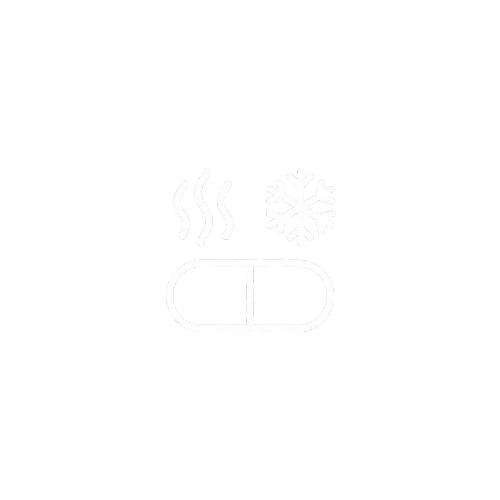 White line art icon of a pill below symbols for heat and cold on a white background.