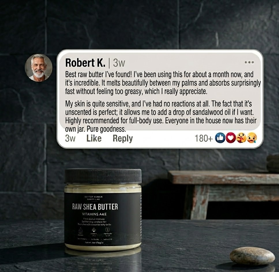 A jar of Raw Shea Butter on a counter with a glowing customer review graphic above it.