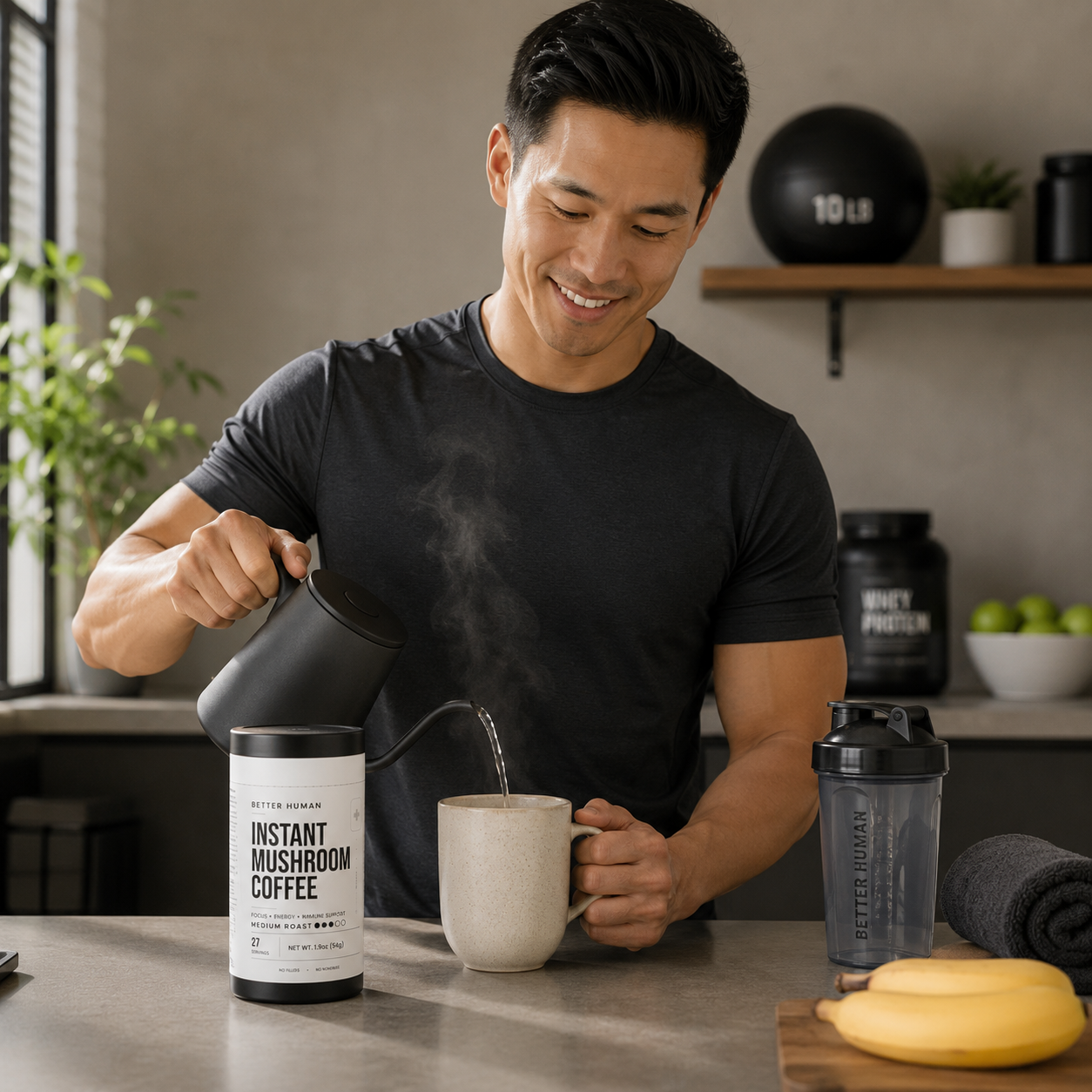 A smiling man in a grey t-shirt pours hot water from a kettle into a mug.
