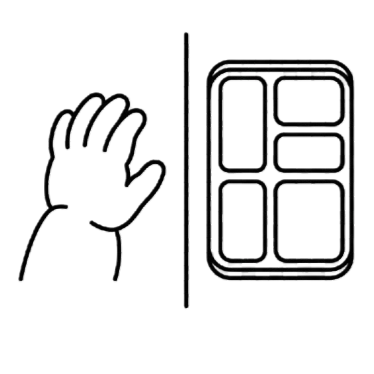 A line drawing of a small child's hand next to a compartmentalized lunch tray.