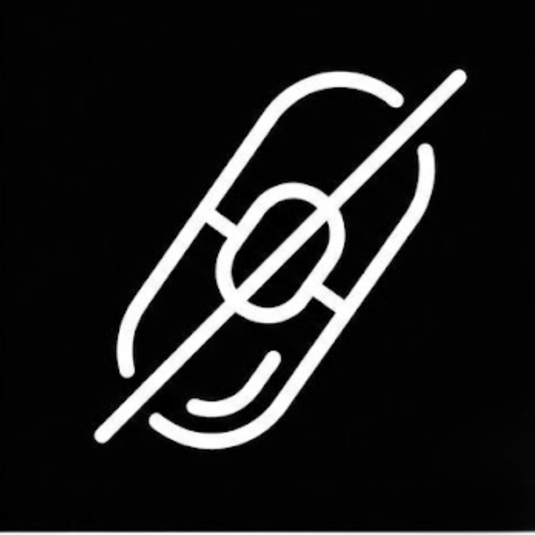 A white icon of a broken link or paperclip with a line through it on a black background.