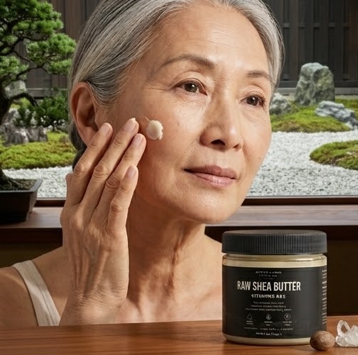 An older woman with gray hair applies Raw Shea Butter from a jar to her cheek.