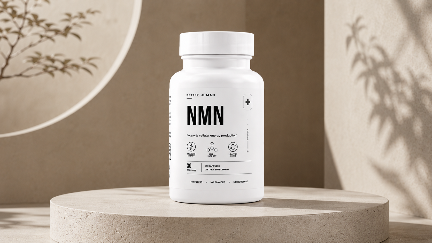 A white bottle of Better Human NMN supplement sits on a stone pedestal against a beige, textured background.