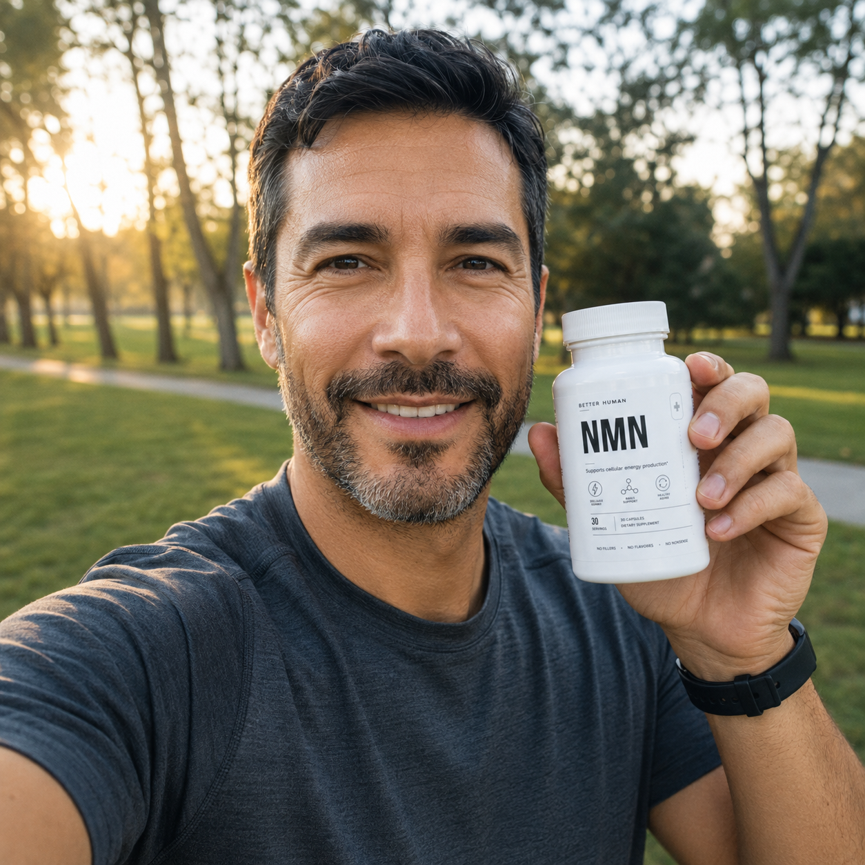 A smiling man outdoors holds up a white bottle of Better Human NMN dietary supplements.
