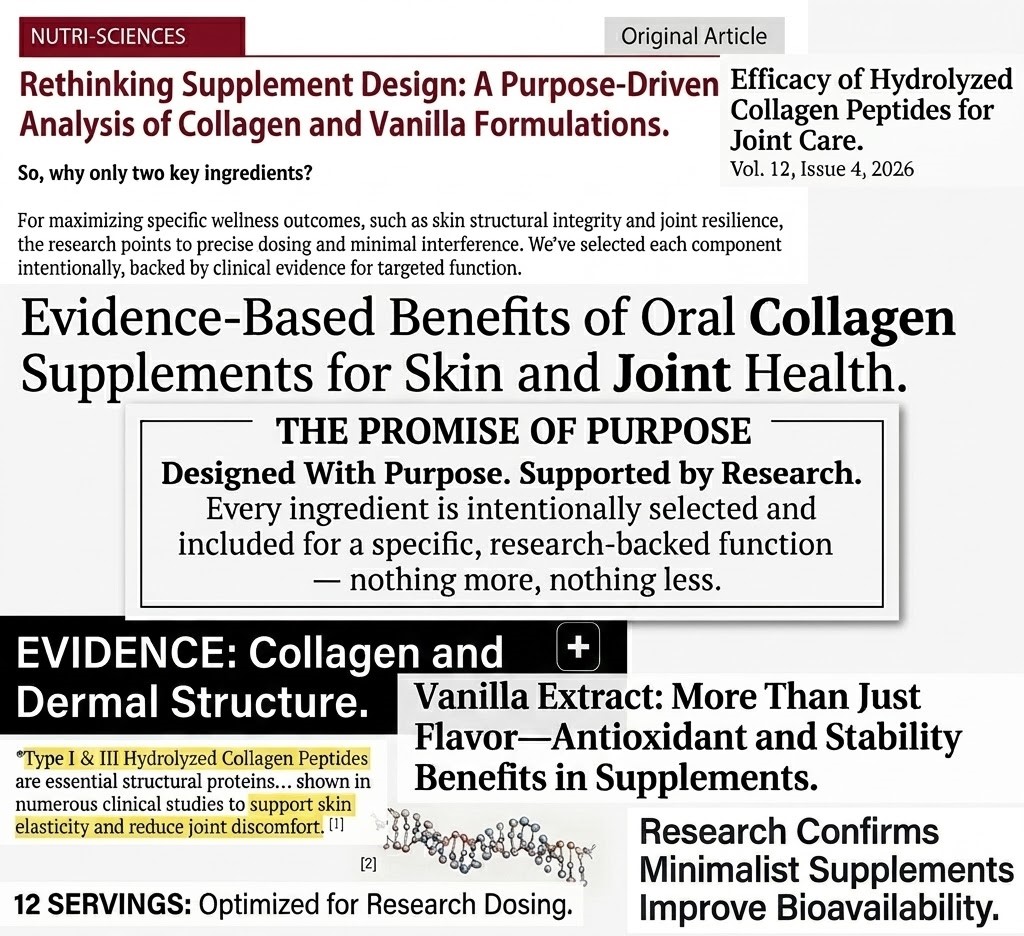 A collage of text clippings about the research and benefits of collagen and vanilla supplements.
