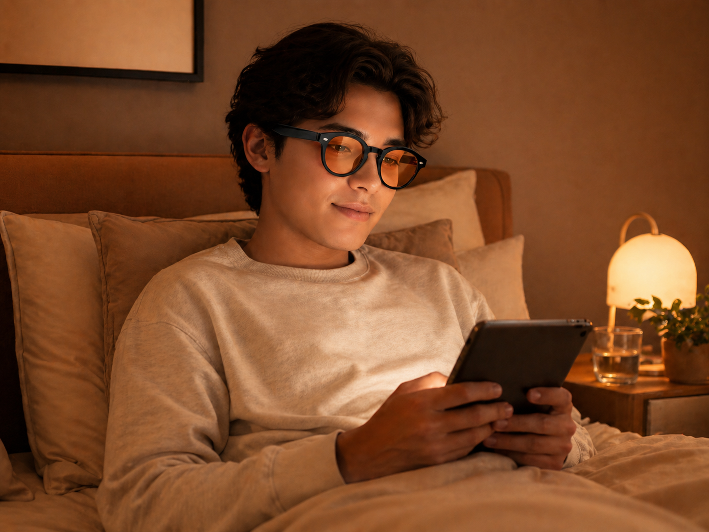 A young man with orange-tinted glasses sits in bed using a tablet in a warmly lit room.