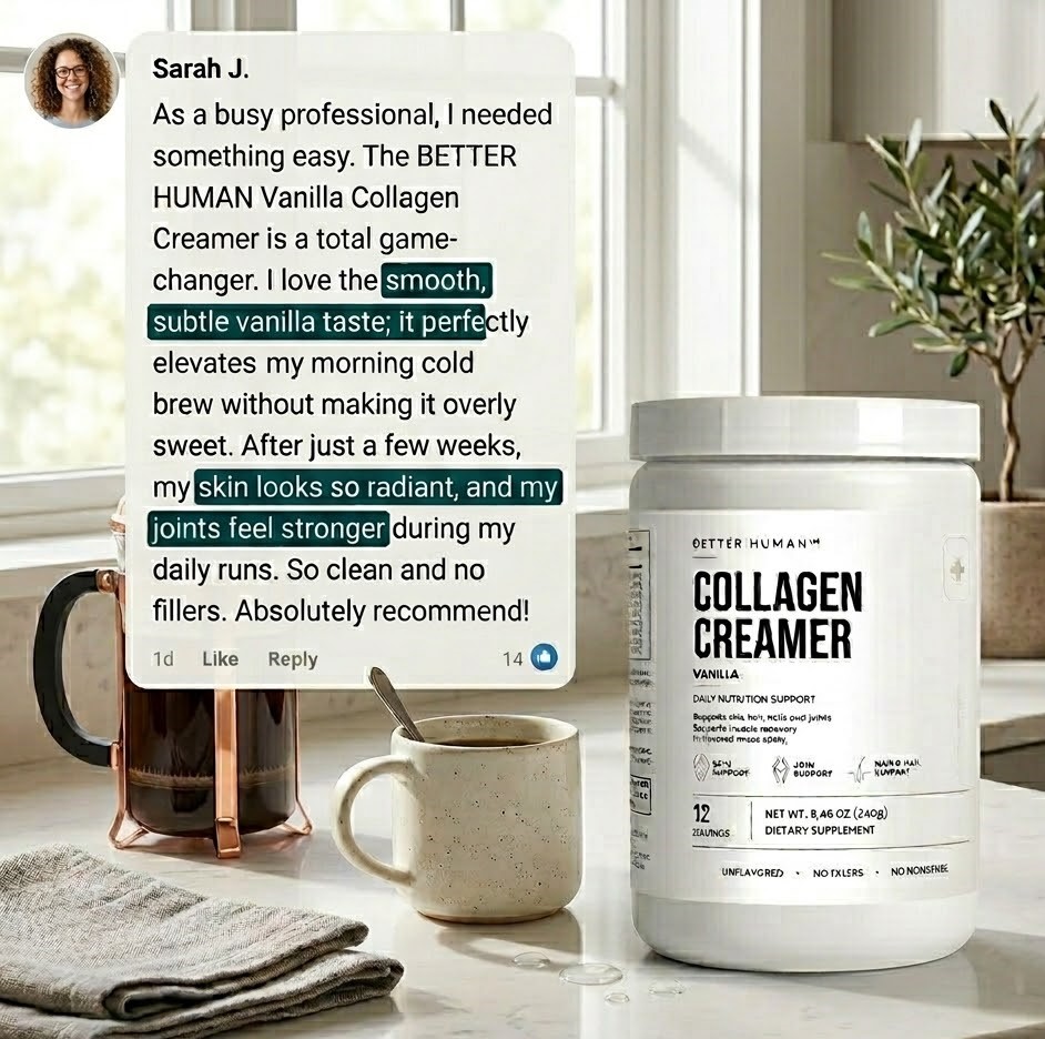 A tub of Better Human Collagen Creamer next to a mug of coffee, with an overlaid customer review.