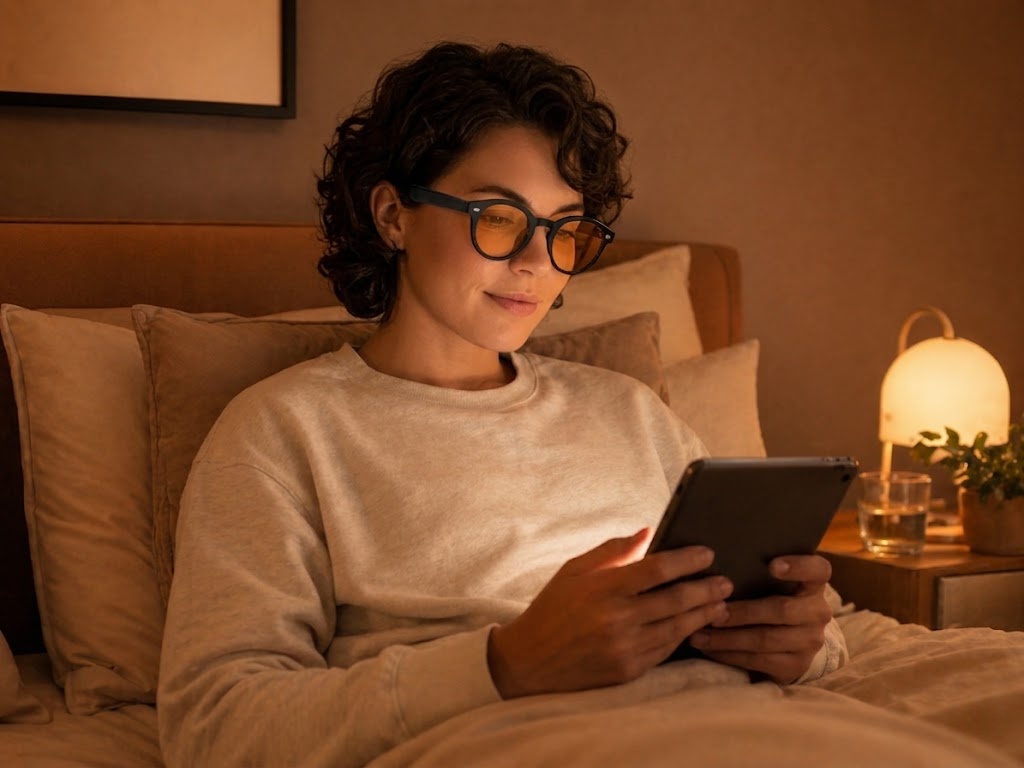 A person wearing amber-tinted glasses sits up in bed and looks at a tablet.