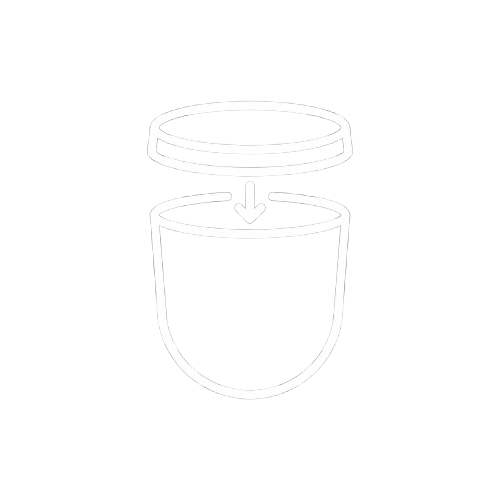 A white line-drawing icon of a lid being placed on a container, with a downward arrow.