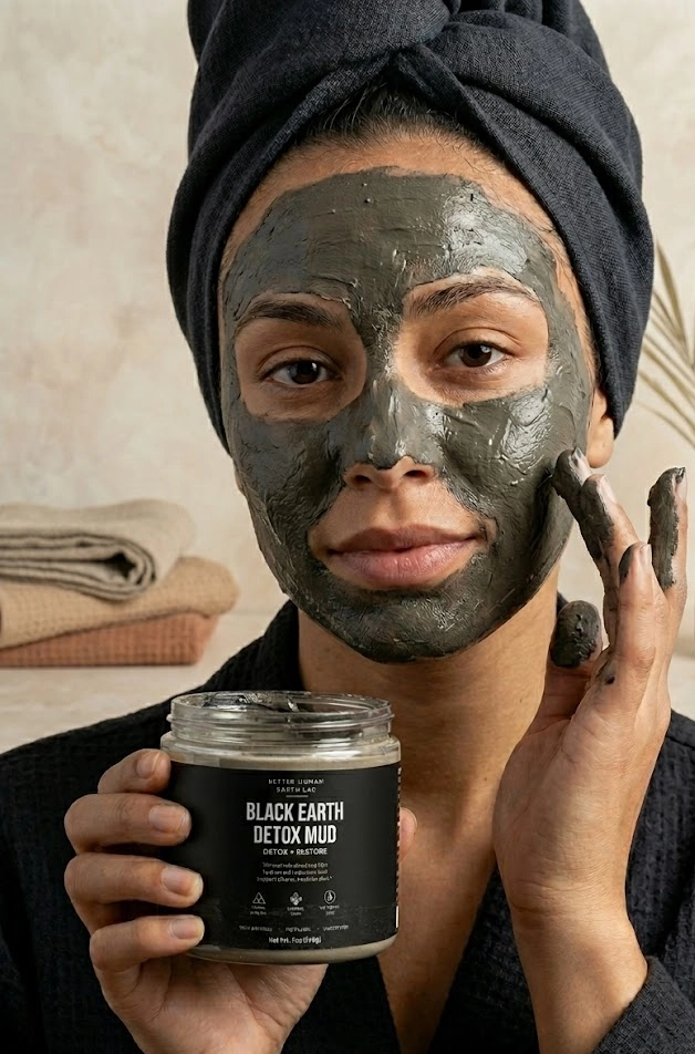 A person with a black towel on their head applies a dark mud mask to their face.