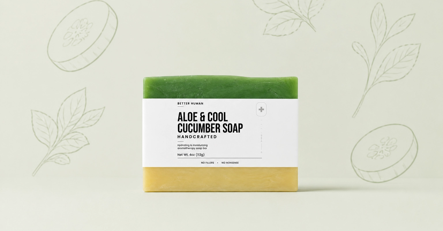 A two-toned green and yellow bar of Better Human Aloe & Cool Cucumber soap on a stylized background.