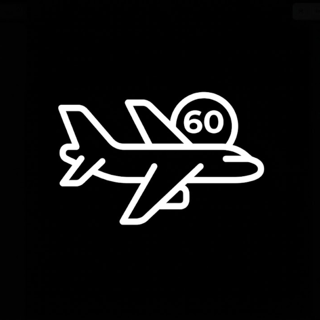 A white line icon of an airplane with the number 60 in a circle above it.