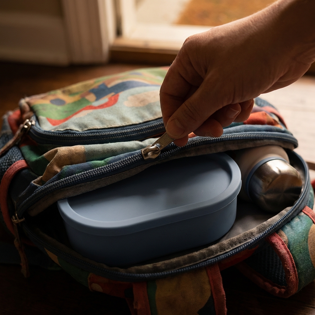 A hand zips a backpack containing a blue lunch container and a metal water bottle.