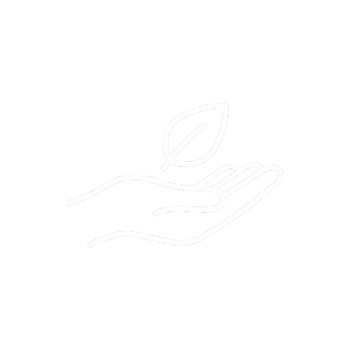 A white line drawing icon of an open hand with a single leaf floating above it.