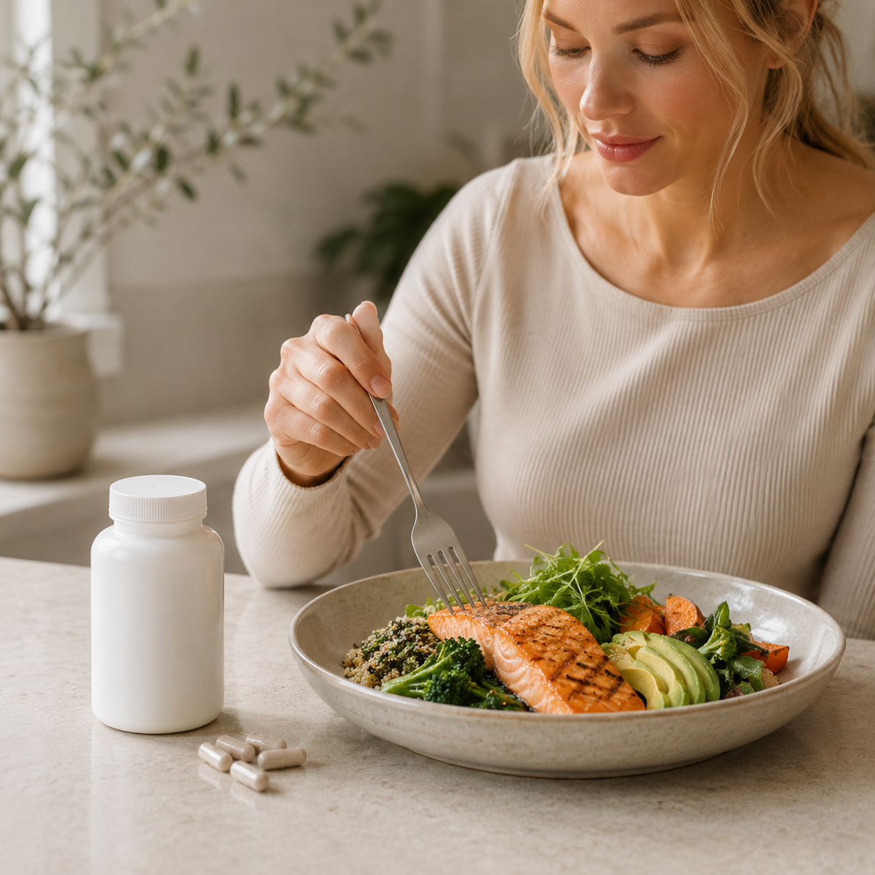 A woman eats a healthy bowl of salmon and vegetables, with a bottle of supplements on the table.