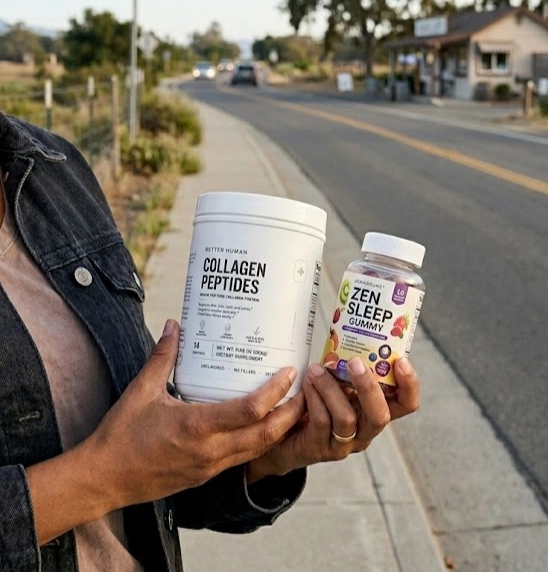 A person holds a tub of Better Human Collagen Peptides and a bottle of Zen Sleep Gummies.