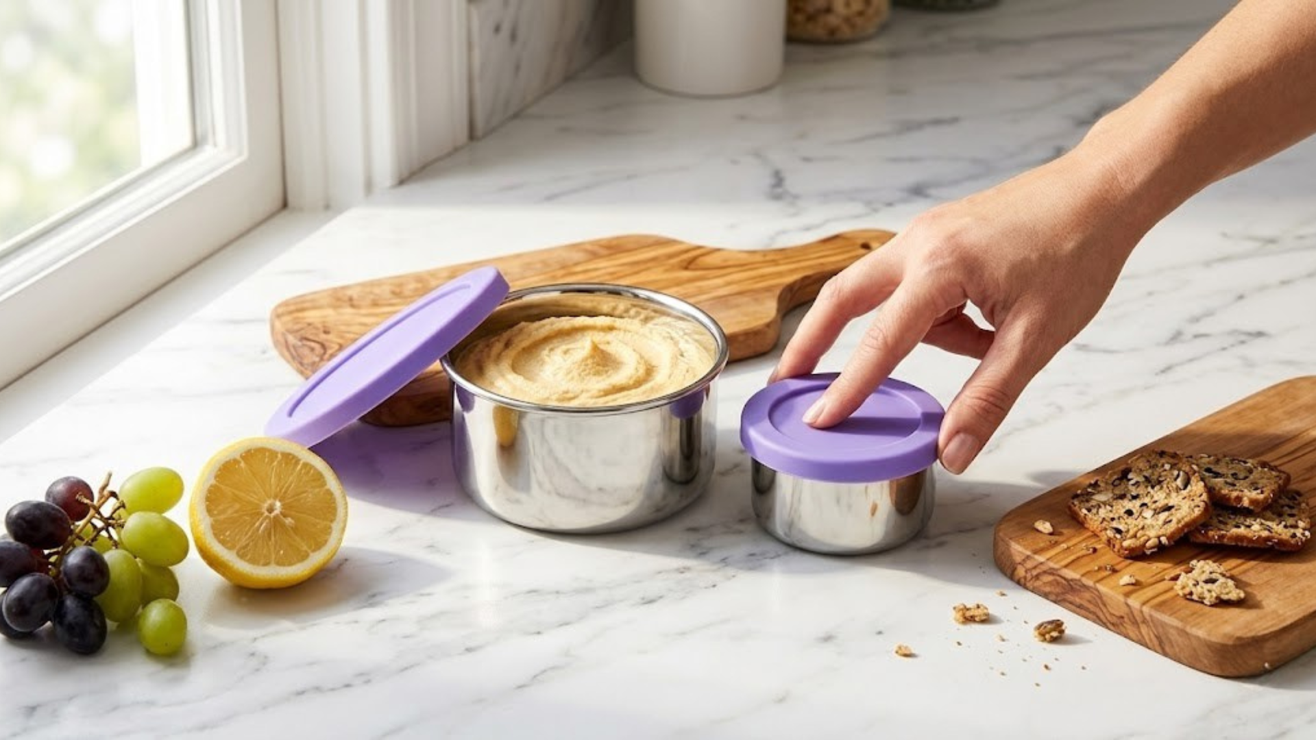 A person reaches for a small steel container next to a larger one with hummus, fruit, and crackers.