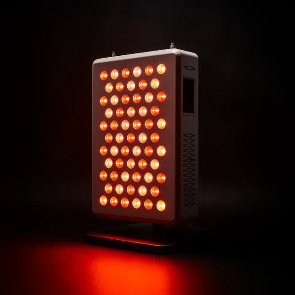 An illuminated red light therapy panel stands against a black background, casting a red glow.