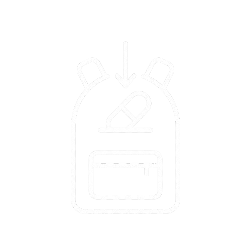 A white line-art icon of a pill being dropped into a backpack.
