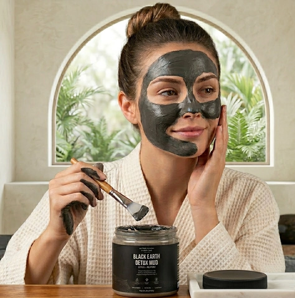 A woman in a robe applies a Black Earth Detox Mud face mask with a brush.