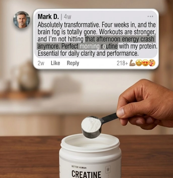 A hand scoops creatine powder from a tub, with a positive customer testimonial displayed above it.
